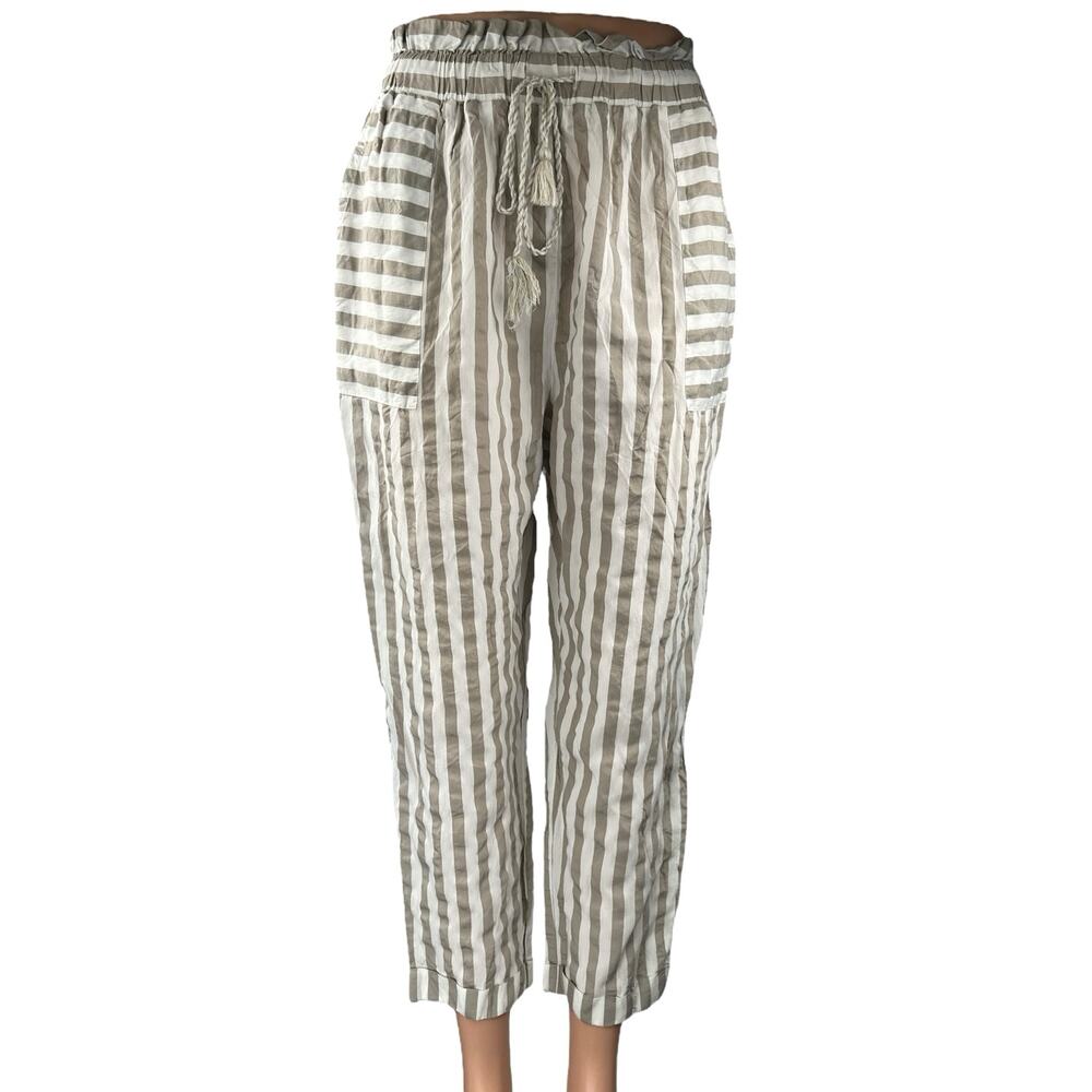 Zara Beige White Striped Tassel Tie High Waisted Tapered Trouser Pants Size M